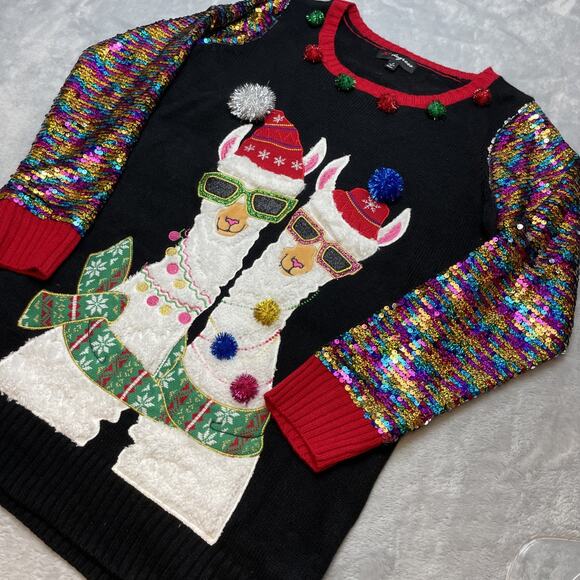 Ugly Christmas Sweater Sequined Llamas Womens L Tacky Party Holiday 33 Degrees - Picture 1 of 7